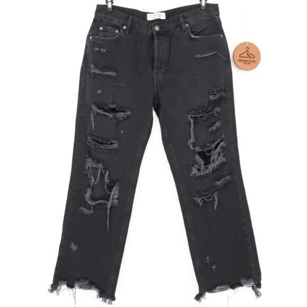 We The Free Black Distressed Straight Leg Jeans High Rise Raw Hem Size 26 NWOT